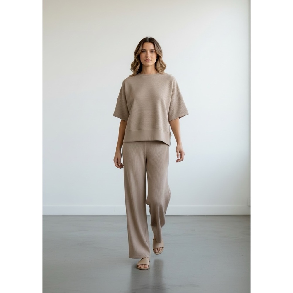 1227 • Milk Tea Ribbed Texture Stretch Wide Leg Pants Set